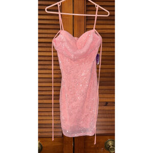 Windsor Women’s Dress Coral Pink Sequins Prom Formal Dance Short Large NWT